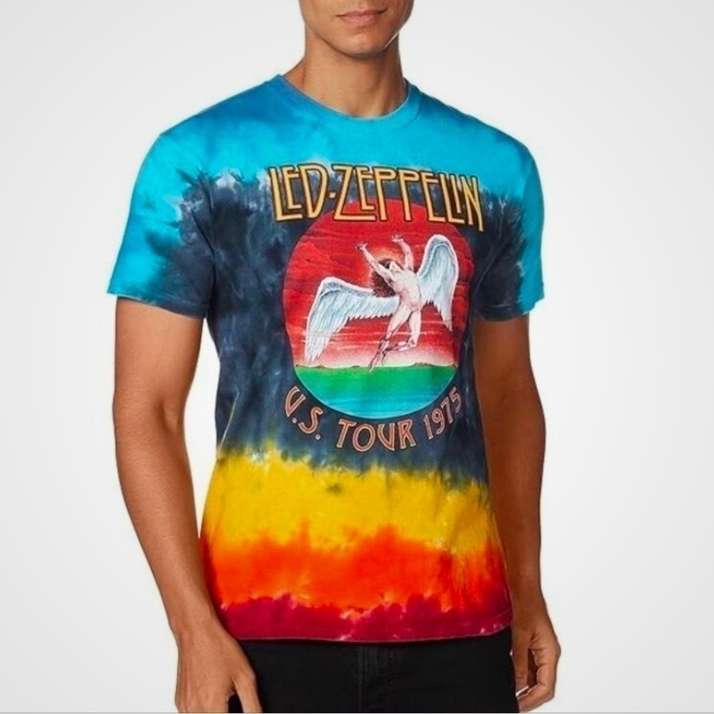 Led Zeppelin Unisex US Tour 1975 Graphic Tie Dye Band Tee Blue Orange Multi M